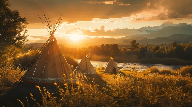 photo of tipis at sunset in the style of national geographic photography, beautiful landscape with river and mountains, golden hour light 