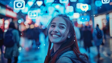 Fototapeta premium Smiling Woman Underneath Social Media Icons