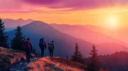 Fototapeta premium A tour group in the mountains, hiking at sunset