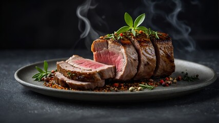 Delicious juicy pork steak on the bone with spices and herbs cut into slices