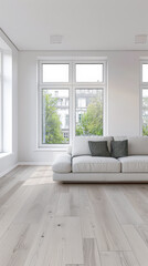 Fototapeta premium Living room interiors in neutral colors with light coming from a big window, minimal furniture and no people. Residential interiors decor composition for Real Estate.