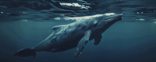 Obraz premium Big Whale swimming underwater under sea life with sunbeams