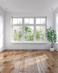 Fototapeta premium Living room interiors in neutral colors with light coming from a big window, minimal furniture and no people. Residential interiors decor composition for Real Estate.