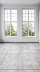 Fototapeta premium Living room interiors in neutral colors with light coming from a big window, minimal furniture and no people. Residential interiors decor composition for Real Estate.