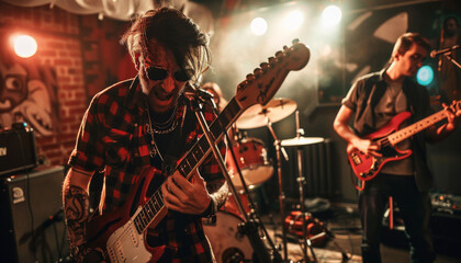 Fototapeta premium Rock band playing recording song in music studio