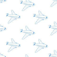 Seamless Pattern Passenger plane in flight. Vector illustration of an airplane doodle sketch