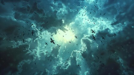 Birds ascend through illuminated breaks in clouds symbolizing freedom