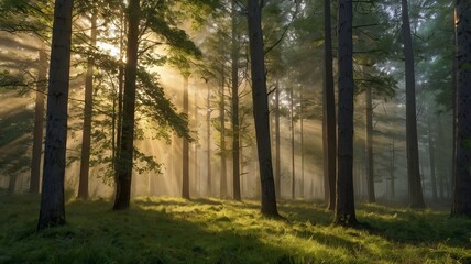 Obraz premium forest with sunlight entering ai generated