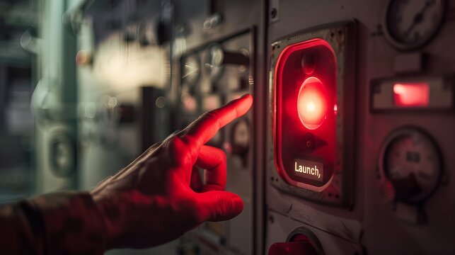 On judgment day , pre apocalypse scene of a psychopath going to press a nuclear missile launch button that will end the whole world by launching a dangerous nuclear missile , doomsday concept