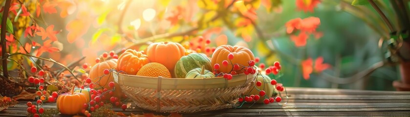 Naklejka premium A picturesque autumn scene featuring a wicker basket filled with colorful pumpkins and berries, set against a backdrop of vibrant fall foliage.