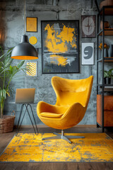 A modern home office interior with a yellow egg chair, black pendant light, and yellow rug