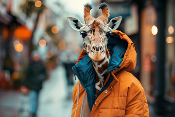 Obraz premium Portrait of a fashionable man, a giraffe, wearing a yellow jacket, walking down a city street in the glow of lights. Copy space