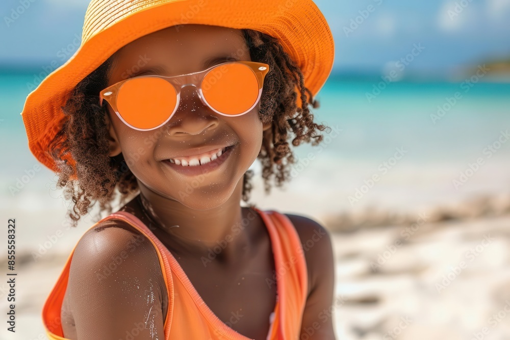 Wall mural carefree black child enjoys summer beach vacation with stylish sun protection