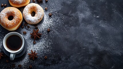 a top view breakfast scene with powdered sugar donuts, buns, and coffee on a black background,...