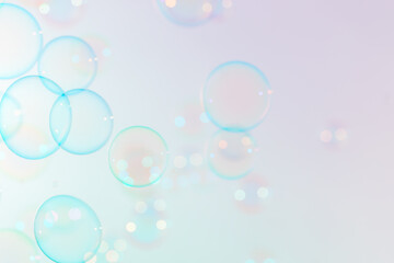 Beautiful Transparent Blue Soap Bubbles Background. Celebration Festive Backdrop. Freshness Soap Suds Bubbles Water. Blue Textured Abstract Background.	
