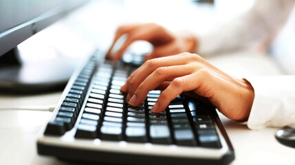 closeup hands of programmer typing on keyboard of pc