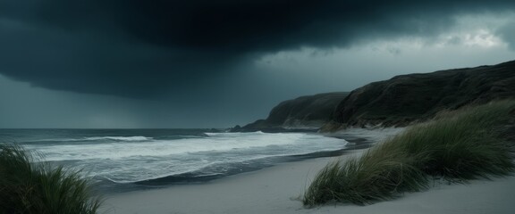 Obraz premium Stormy coastal scene dramatic watercolor with dark clouds