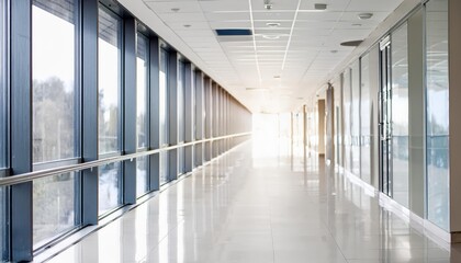 Bright office interior in a blurred hospital corridor background with copy space