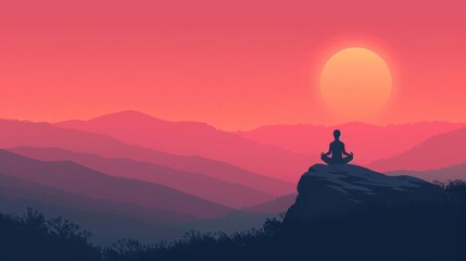 Silhouette of a person meditating on a mountaintop at sunset.