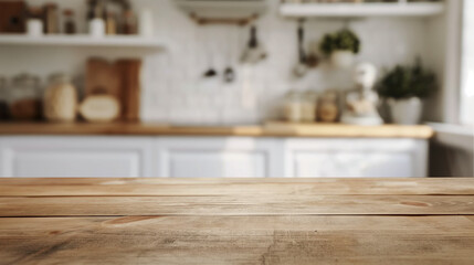 Empty wooden table and blurred white kitchen white wall background. Wood table top on blur kitchen counter	