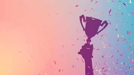 Silhouette of a hand holding a trophy with confetti falling on a colorful background