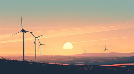 Obraz premium Silhouette of wind turbines against a vibrant sunset sky.