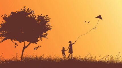Silhouette of a mother and son flying a kite at sunset.