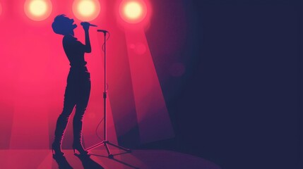 Silhouette of a female singer performing on stage under red spotlights.