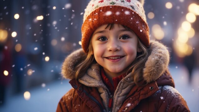 Cute child with happy face wearing a warm hat and warm jacket surrounded with snowflakes Winter holidays concept.