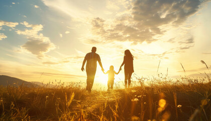 Silhouette of happy family walking in the meadow