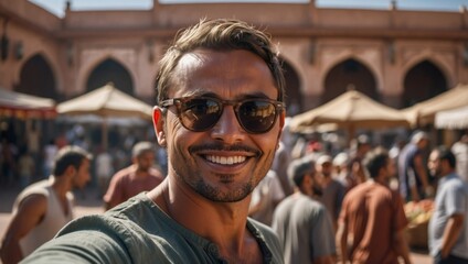 Fototapeta premium Happy tourist visiting Jamaa el-Fna market, Morocco - Handsome man taking selfie enjoying summer vacation outside - Holidays and travel blogger concept.