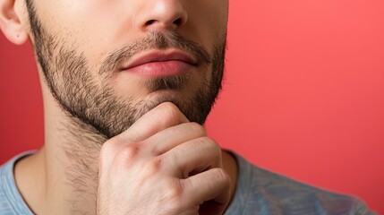 Obraz premium a man doing Stroking chin (thinking) gesture with hand , solid color studio background