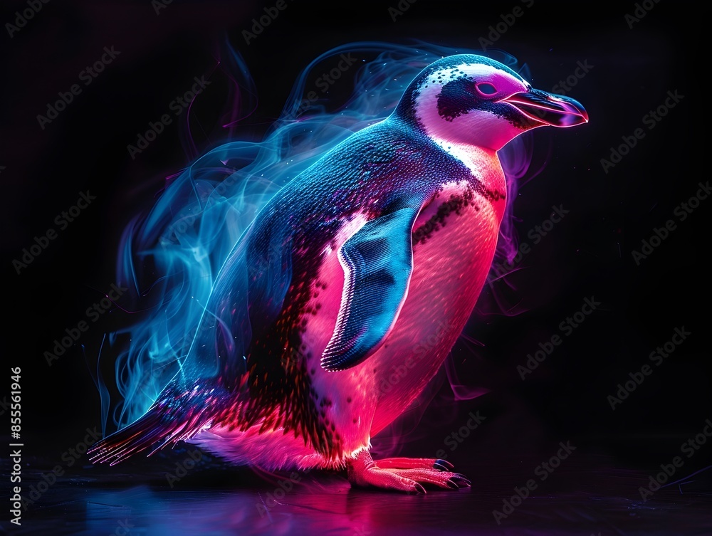 Wall mural Neon Penguin Sliding with Playful Pose on Black Background  Glowing Feathers in Vibrant Digital Concept