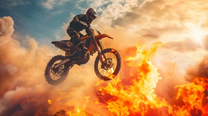 Extreme motocross Rider riding. motocross race bike in action on dirt track. with fire. by ai generative