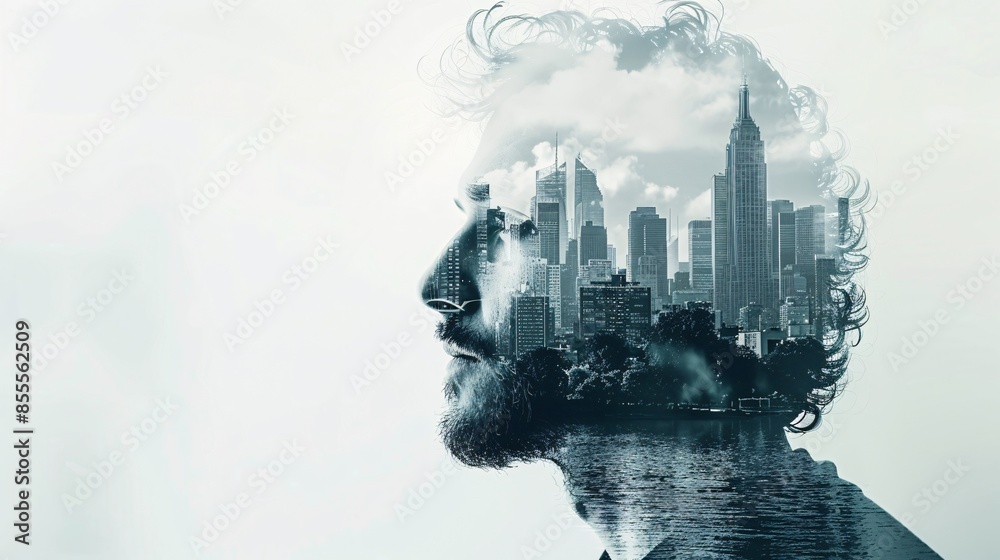 Wall mural a double exposure composition of a man's face blended with cityscape and natural scenery, providing  - Wall murals