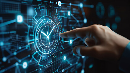 A hand points to a digital clock on a screen, symbolizing time management, efficiency, and productivity.