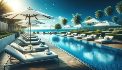 idyllic luxury poolside view with crystal clear blue water. There should be sun loungers with towels and opened white umbrellas