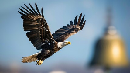 Obraz premium Bald eagle soaring over the Liberty Bell, clear blue sky, detailed feathers, wide-angle shot, high-resolution clarity, patriotic and symbolic scene,