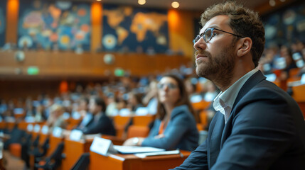 Fototapeta premium Wide shot of a business conference on sustainability fostering global dialogue