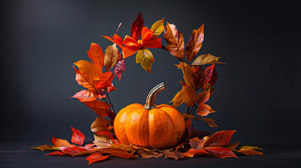 A pumpkin is surrounded by leaves and a bow