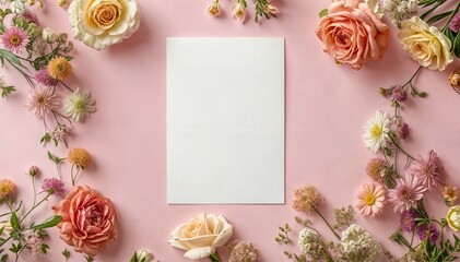 Blank Paper with Flowers on Pink Background