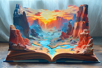 A vertically open book that presents beautiful and bright travel scenery