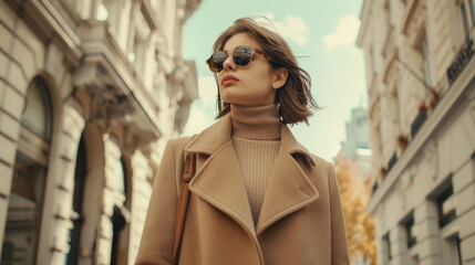 Fototapeta premium A woman wearing a brown coat and sunglasses walks down a city street