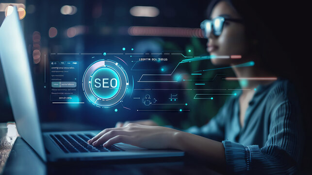 A woman working on a laptop with a glowing SEO interface.  Digital marketing and search engine optimization concept.