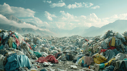A mountain range is in the background of a garbage dump