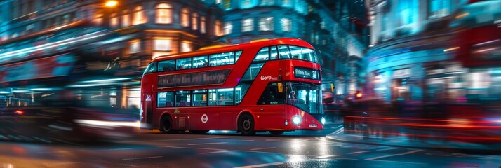 Red double-decker bus in a bright city at night, illuminated by streetlights and city lights,...