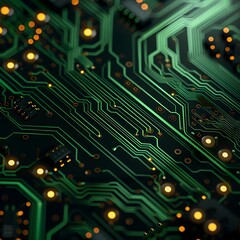 Detailed High Tech Circuit Board Pattern in Vibrant Green and Black Tones