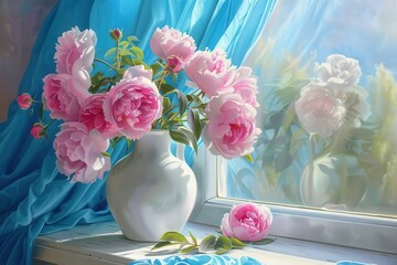 delicate pink blooms overflowing from white vase sitting before vibrant blue drapes on sunlit windowsill oil painting still life