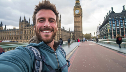 Smiling man taking selfie portrait during travel