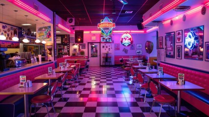 A retro diner-themed coffee shop with checkered floors, neon signs, and vintage diner booths, set in a nostalgic 1950s setting. --ar 16:9 --style raw Job ID: 53ff3820-96e6-4e84-a3a3-37955c31a306